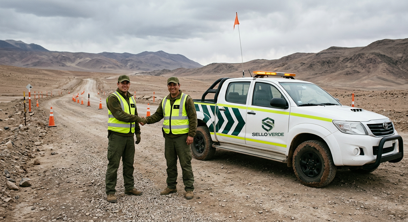 Supervisor de Sello Verde entregando casco blanco y chaleco reflectante a un nuevo integrante en una faena minera